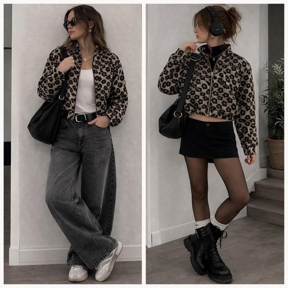 ON 34th Leopard Print Cropped Bomber Jacket Sz XS Y2K Street Evening City Edgy